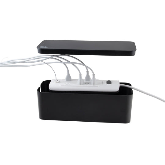 Bluelounge CableBox Cable Organizer & Surge Protector Box, 16 in. - Black - lid open with power strip