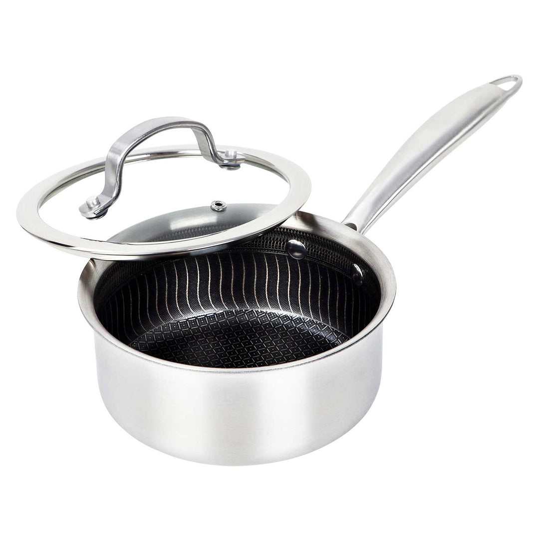 Brentwood 1.5 Qt. 3-Ply Hybrid Nonstick Stainless Steel Saucepan with Glass Lid
