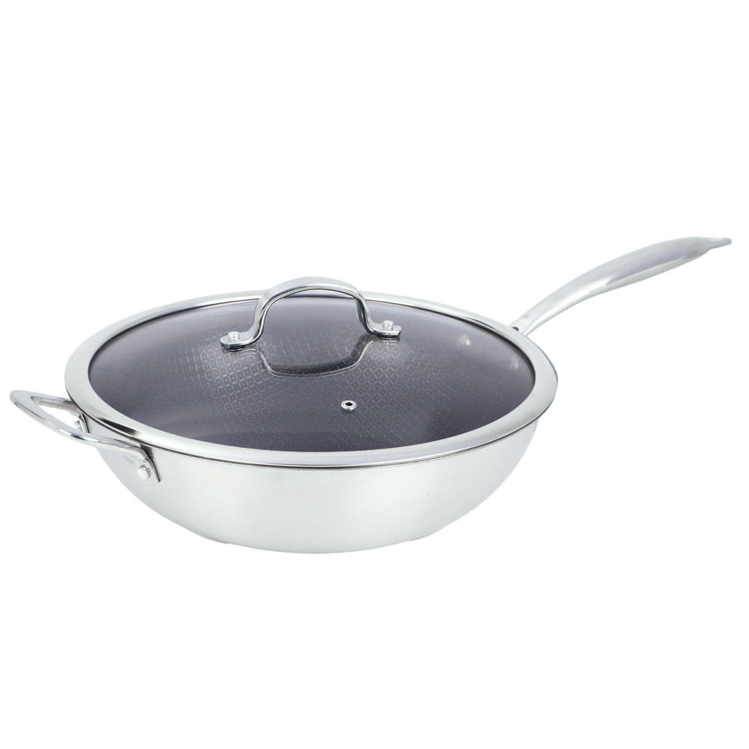 Brentwood 12 In. 4.2 Qt. 3-Ply Hybrid Nonstick Stainless Steel Wok with Glass Lid