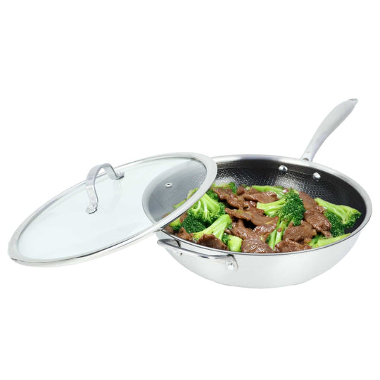 Brentwood 12 In. 4.2 Qt. 3-Ply Hybrid Nonstick Stainless Steel Wok with Glass Lid - view 3