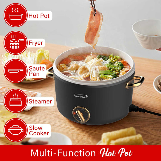 Brentwood 2.6 Qt. 700W Electric Hot Pot with Ceramic Nonstick and Steamer, Black - view 2
