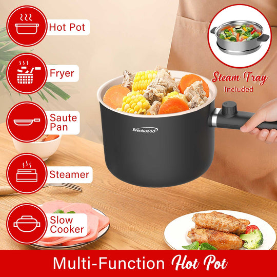 Brentwood 1.6 Qt. 600W Electric Hot Pot with Stainless Steamer, Straight Handles - view 3