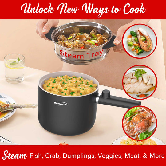 Brentwood 1.6 Qt. 600W Electric Hot Pot with Stainless Steamer, Straight Handles - view 6