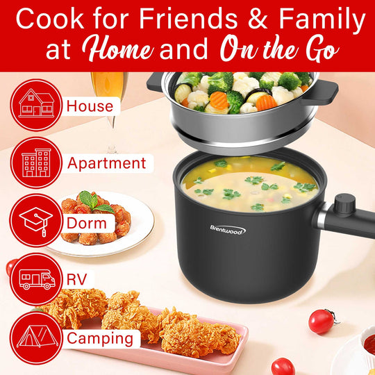 Brentwood 1.6 Qt. 600W Electric Hot Pot with Stainless Steamer, Straight Handles - view 8
