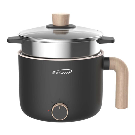 Brentwood 1.6 Qt. 600W Electric Hot Pot with Stainless Steamer, Angled Handle