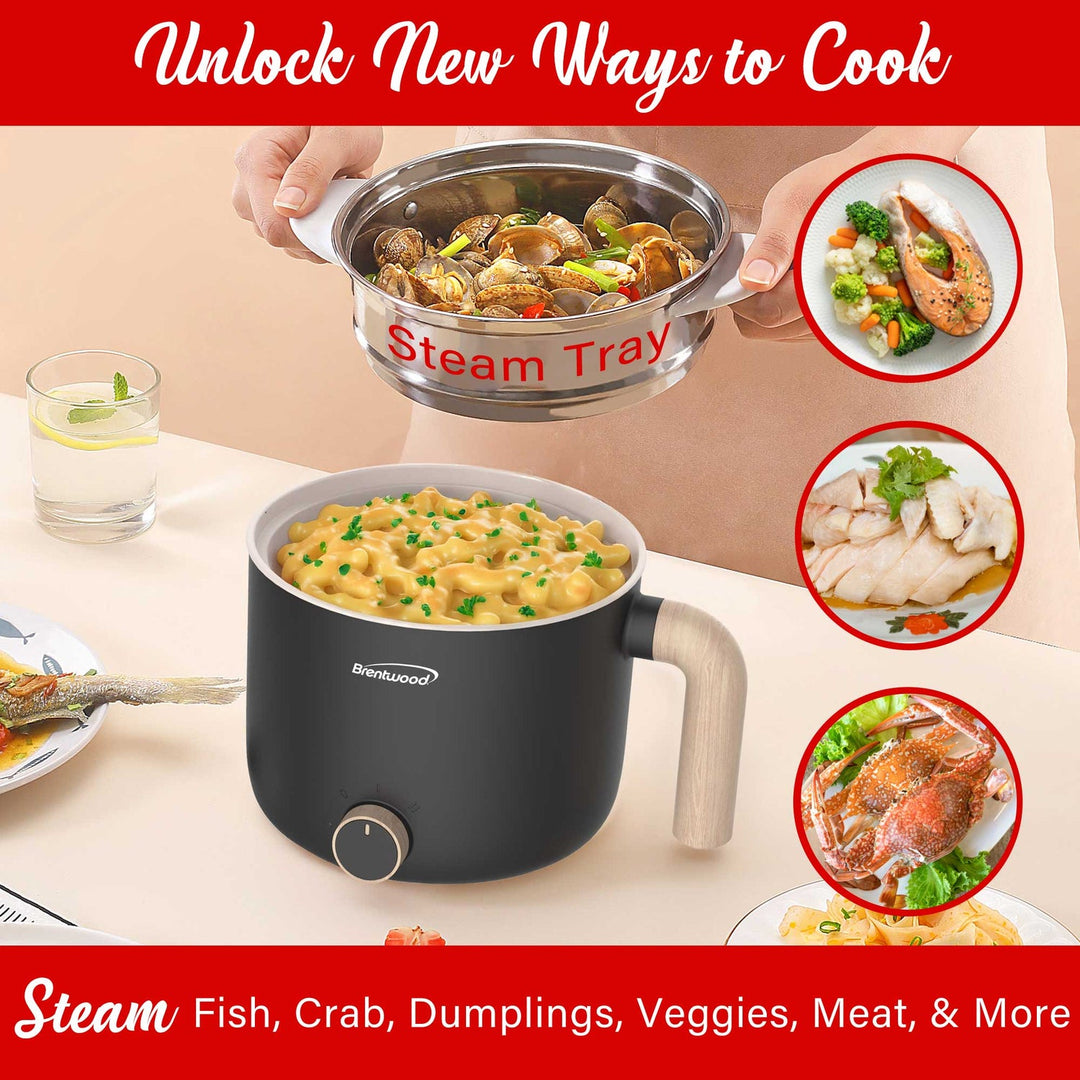 Brentwood 1.6 Qt. 600W Electric Hot Pot with Stainless Steamer, Angled Handle - view 6
