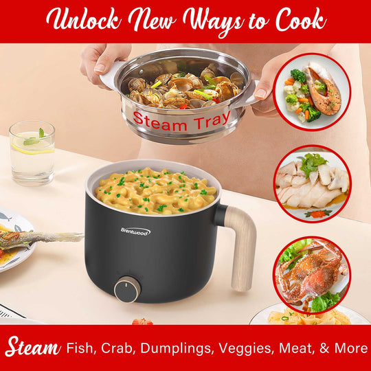 Brentwood 1.6 Qt. 600W Electric Hot Pot with Stainless Steamer, Angled Handle - view 6
