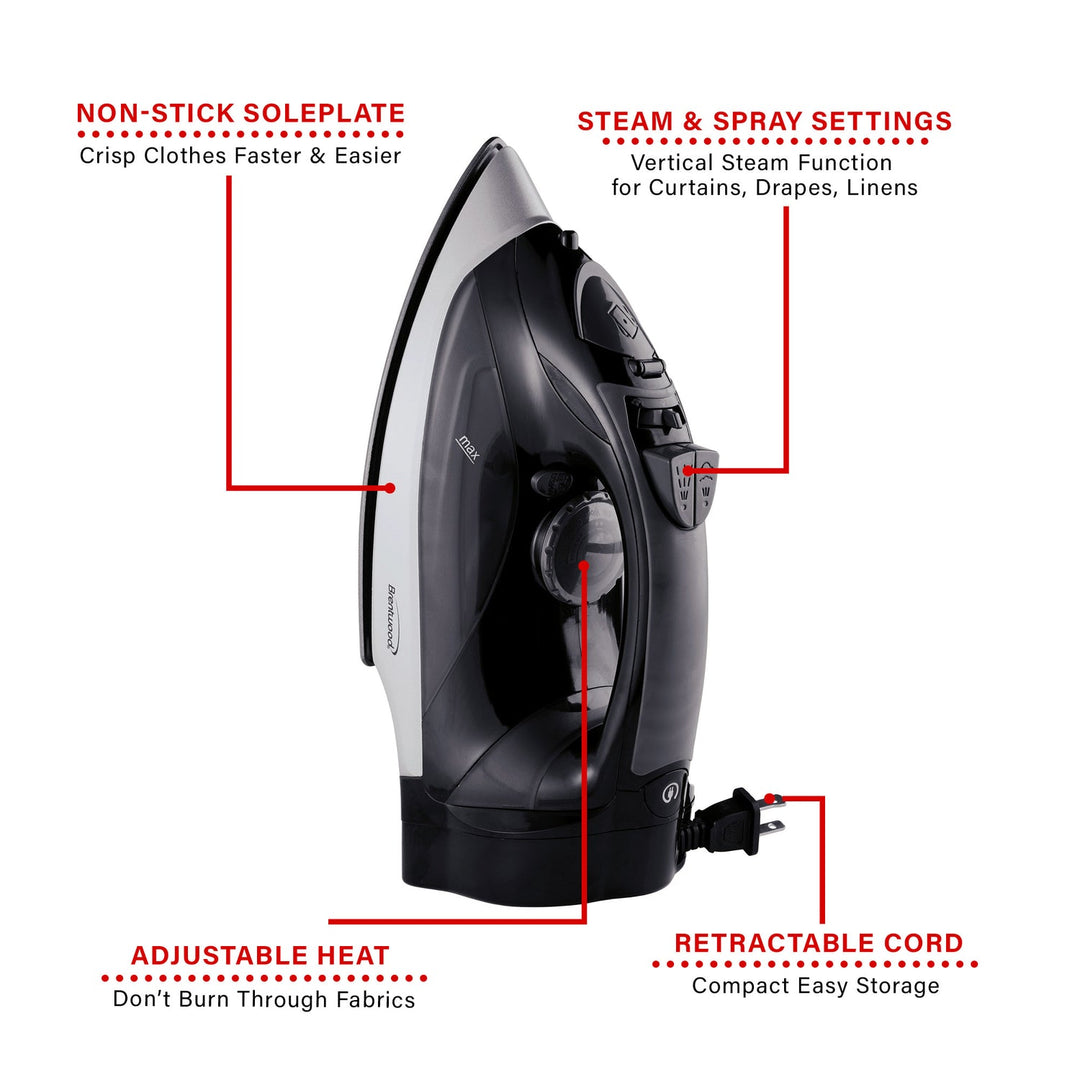Brentwood 1,200W Nonstick Steam Iron with Retractable Cord - Black - view 6