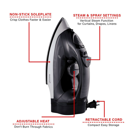 Brentwood 1,200W Nonstick Steam Iron with Retractable Cord - Black - view 6