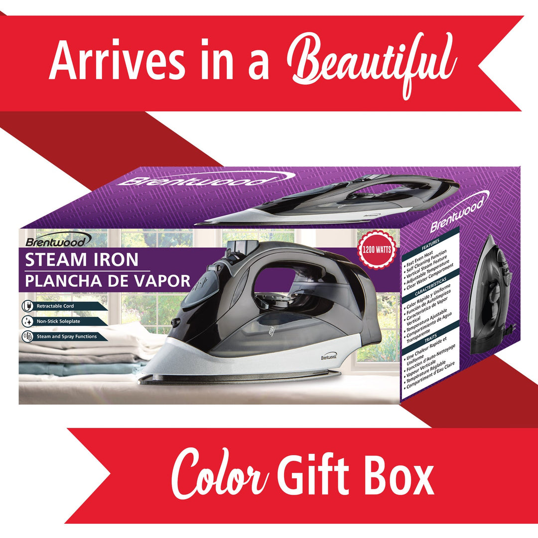 Brentwood 1,200W Nonstick Steam Iron with Retractable Cord - Black - view 7