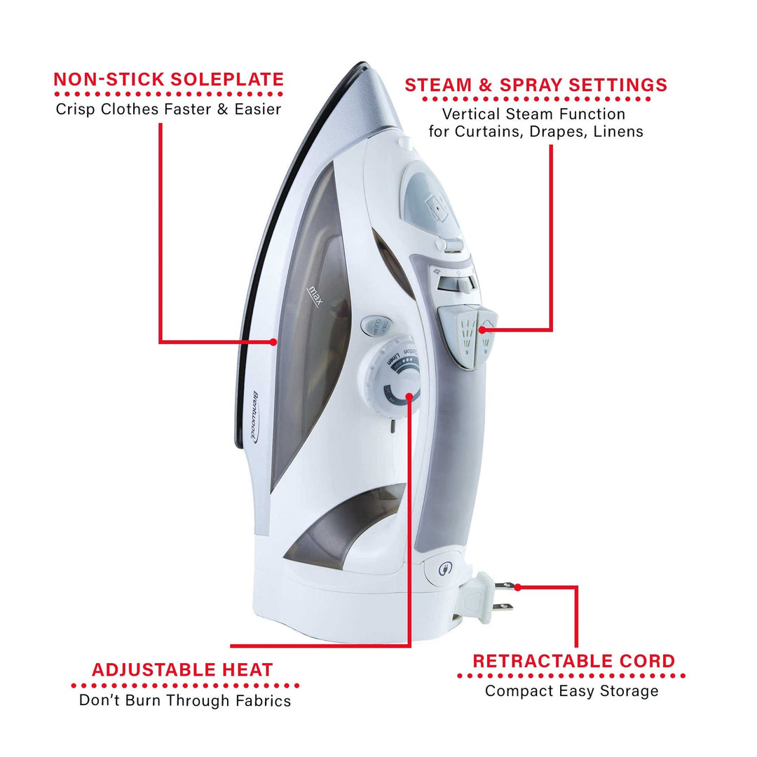 Brentwood 1,200W Nonstick Steam Iron with Retractable Cord - White - view 6