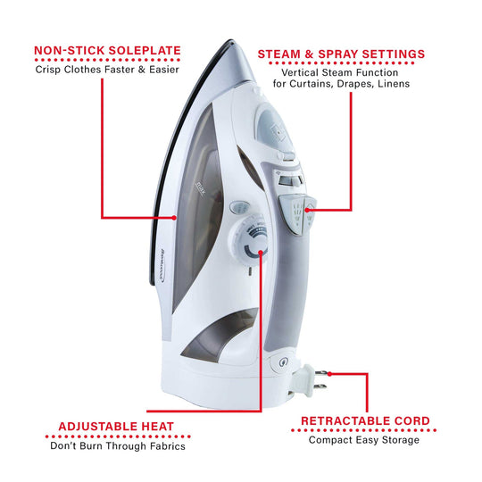 Brentwood 1,200W Nonstick Steam Iron with Retractable Cord - White - view 6
