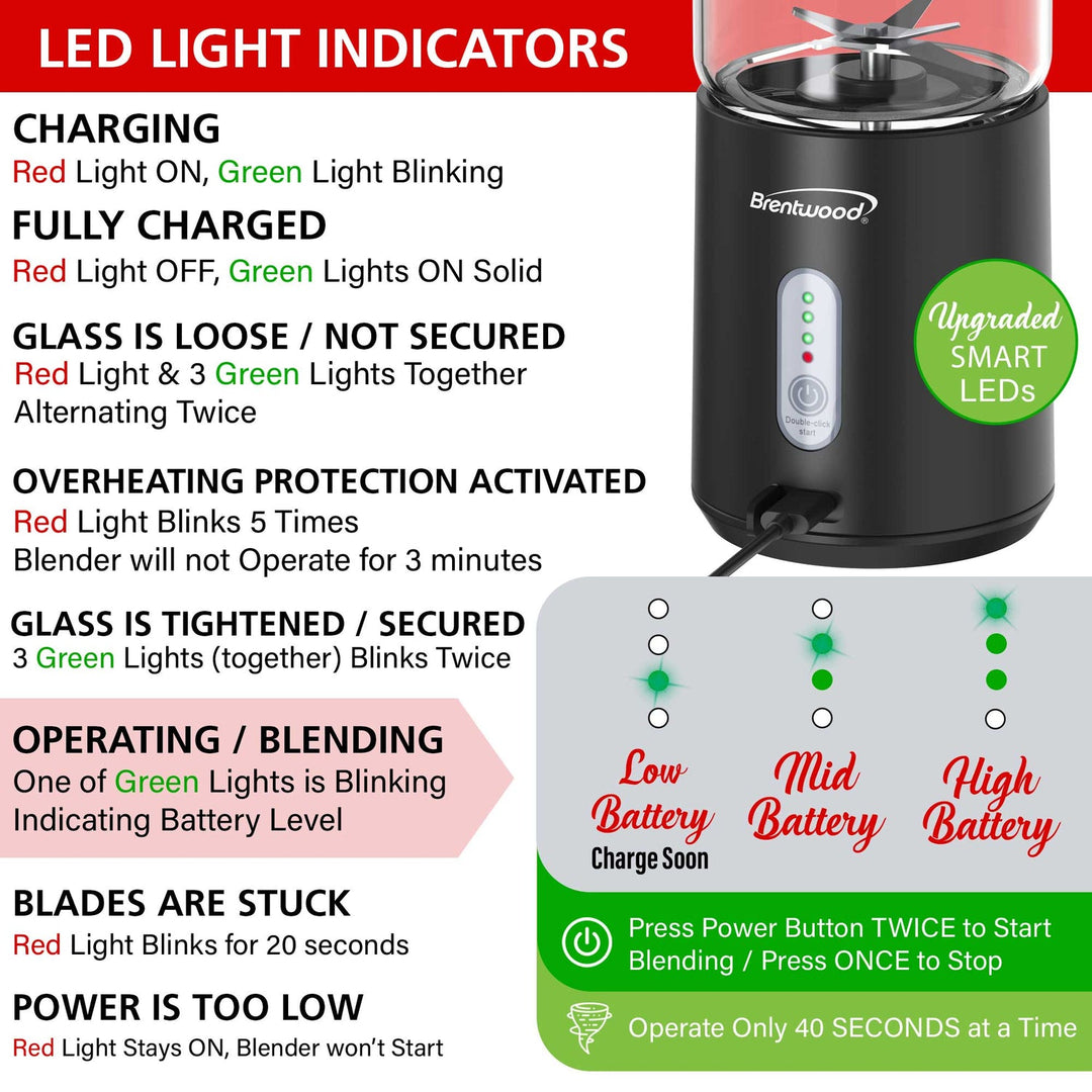 Brentwood 17 Oz. Portable USB Rechargeable Glass Blender - Black - view 6