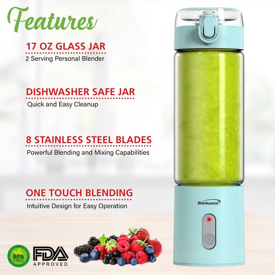 Brentwood 17 Oz. Portable USB Rechargeable Glass Blender - Blue - view 5