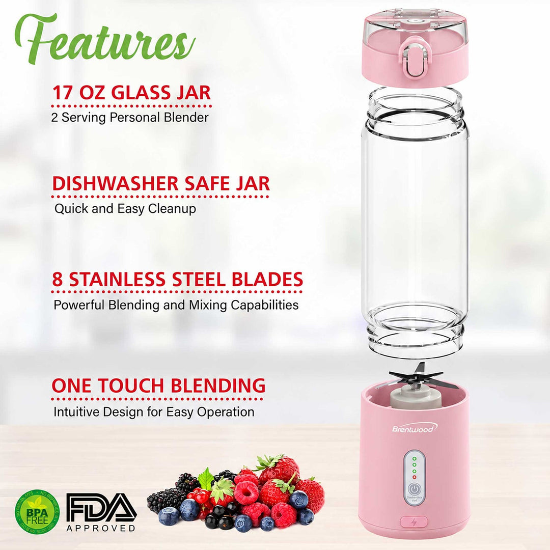 Brentwood 17 Oz. Portable USB Rechargeable Glass Blender - Pink - view 8