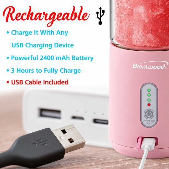 Brentwood 17 Oz. Portable USB Rechargeable Glass Blender - Pink - view 5