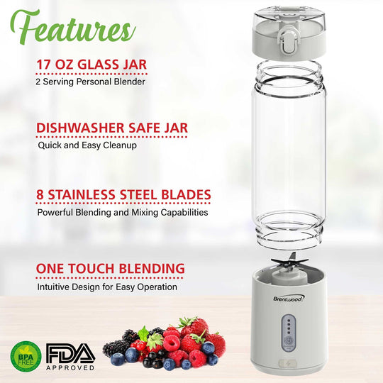 Brentwood 17 Oz. Portable USB Rechargeable Glass Blender - White - view 5