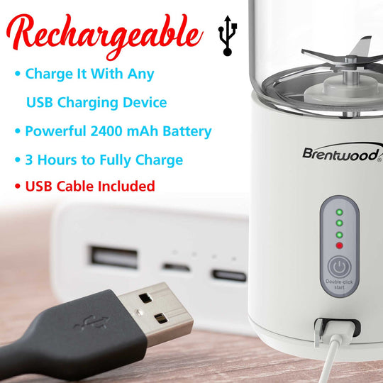Brentwood 17 Oz. Portable USB Rechargeable Glass Blender - White - view 8