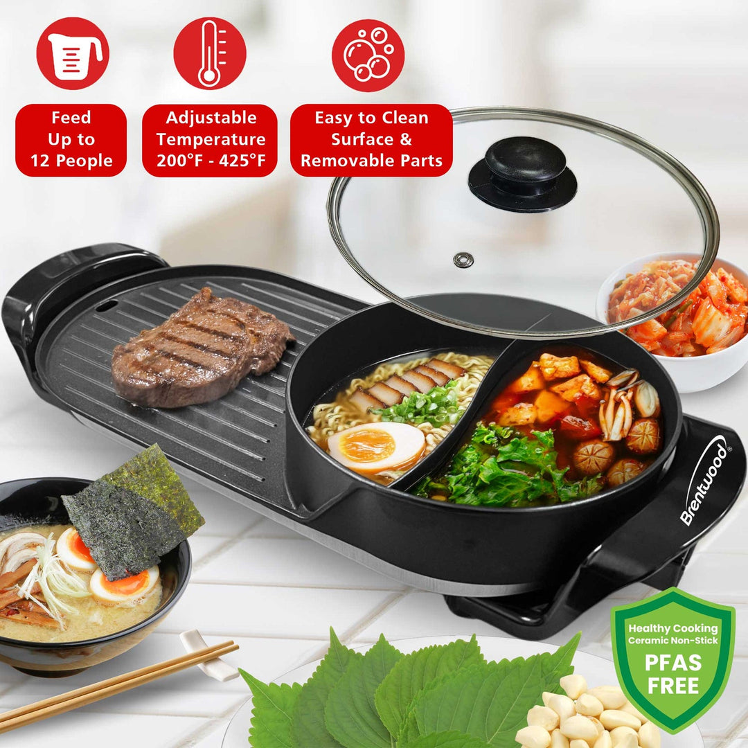 Brentwood 1,200W 2-Sided Electric Hot Pot and Korean BBQ Grill, Black - view 4