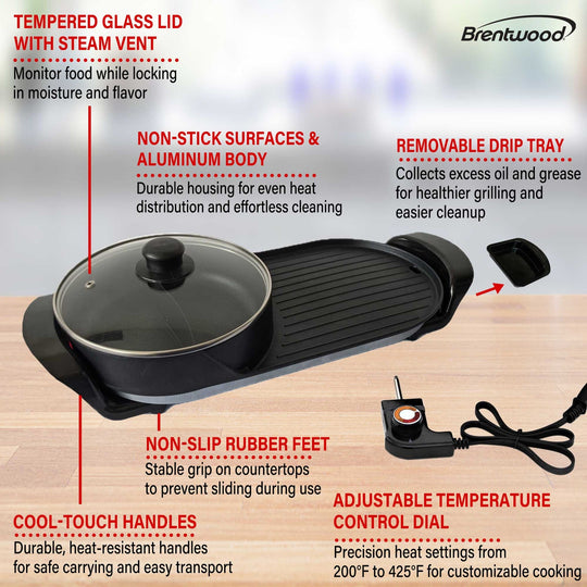 Brentwood 1,200W 2-Sided Electric Hot Pot and Korean BBQ Grill, Black - view 8