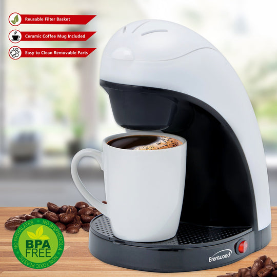 Brentwood 450W Single-Serve Coffee Maker with 10 Oz. Ceramic Mug, White - view 3