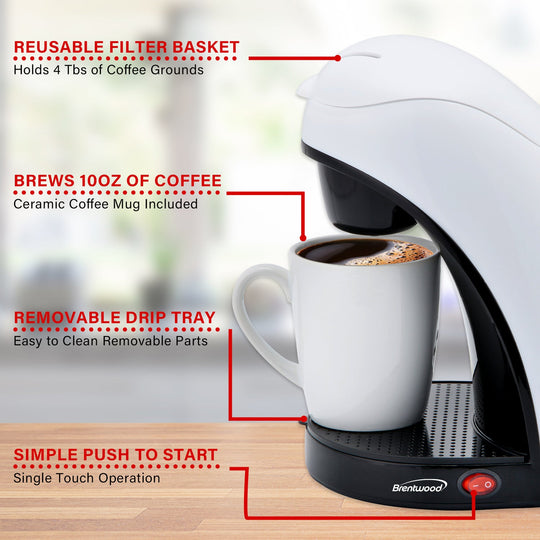 Brentwood 450W Single-Serve Coffee Maker with 10 Oz. Ceramic Mug, White - view 7