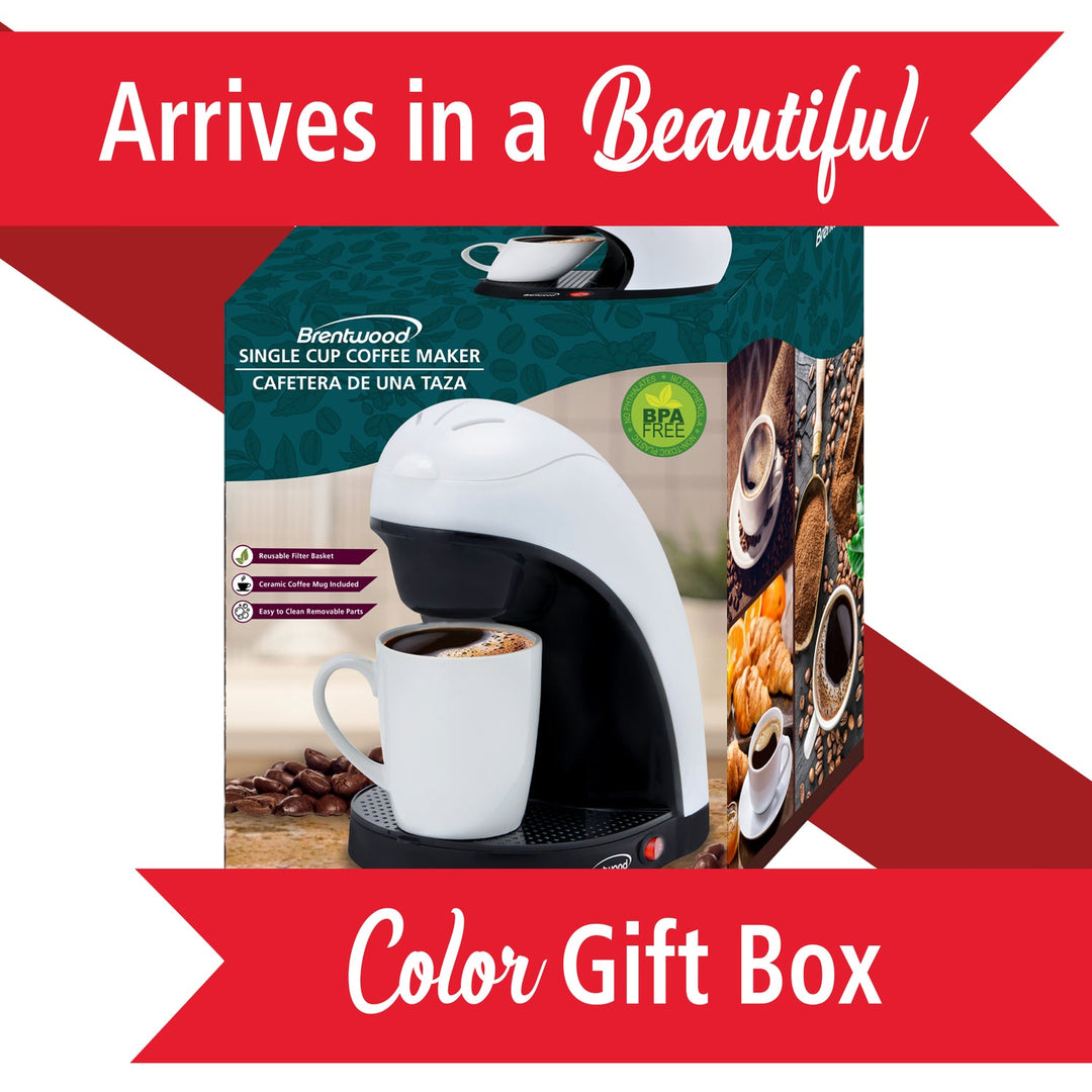 Brentwood 450W Single-Serve Coffee Maker with 10 Oz. Ceramic Mug, White - view 8
