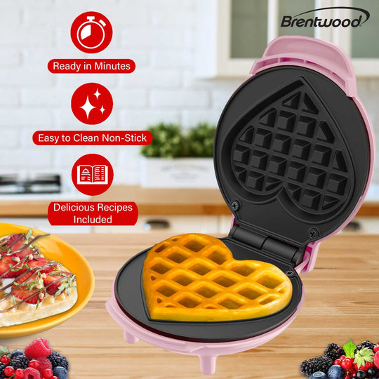 Brentwood 4 In. 400W Nonstick Mini Heart-Shaped Waffle Maker, Pink - view 2