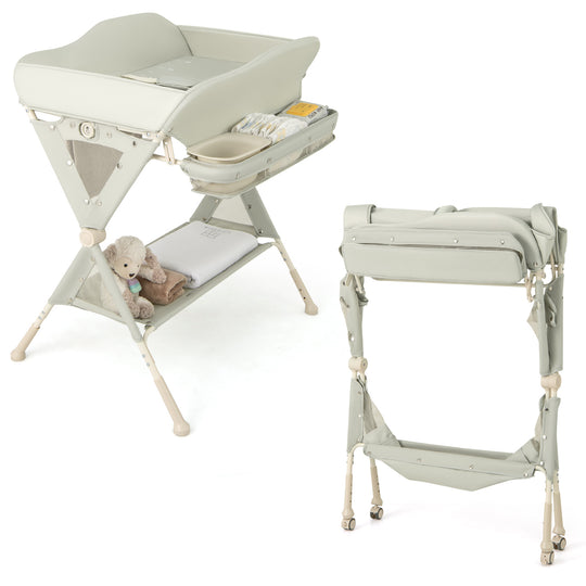 Baby Diaper Changing Table with Water Basin Wheel-Green