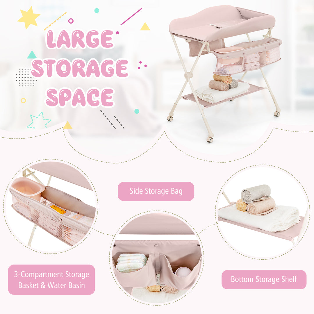 Baby Diaper Changing Table with Water Basin Wheel-Pink