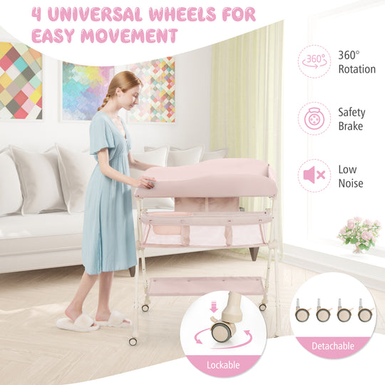 Baby Diaper Changing Table with Water Basin Wheel-Pink