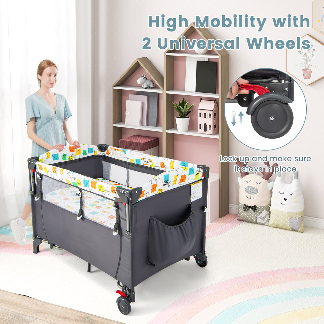 5-in-1 Baby Nursery Center Foldable Toddler Bedside Crib with Music Box-Gray