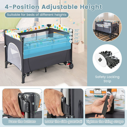 5-in-1 Baby Nursery Center Foldable Toddler Bedside Crib with Music Box