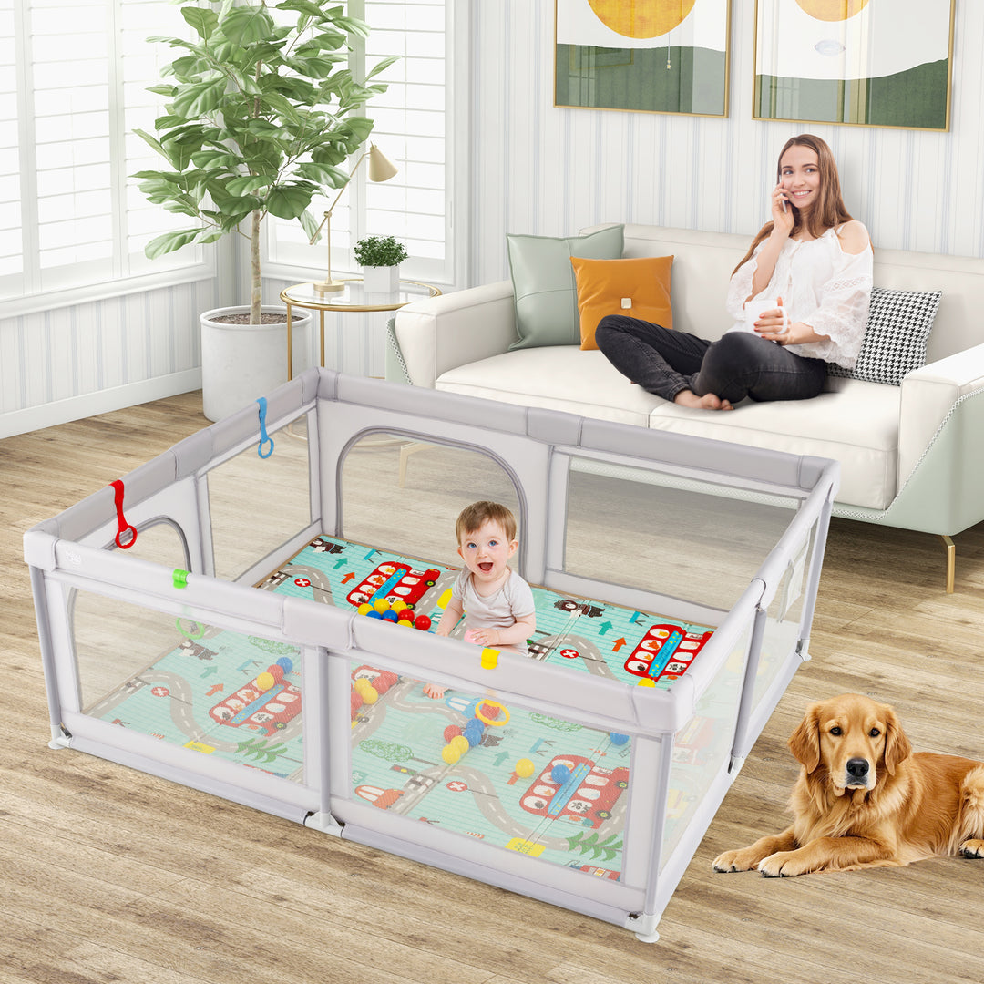 Baby Playpen with Mat and Breathable Mesh-Gray