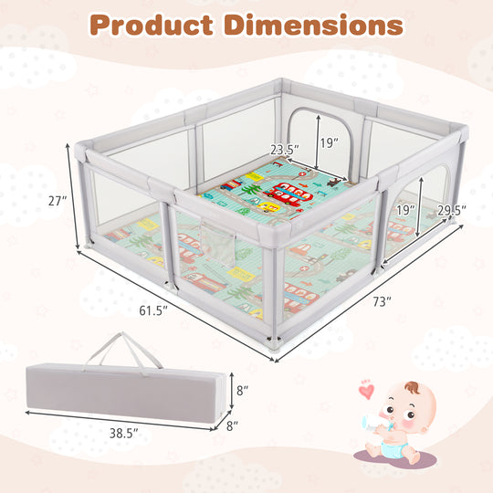 Baby Playpen with Mat and Breathable Mesh-Gray