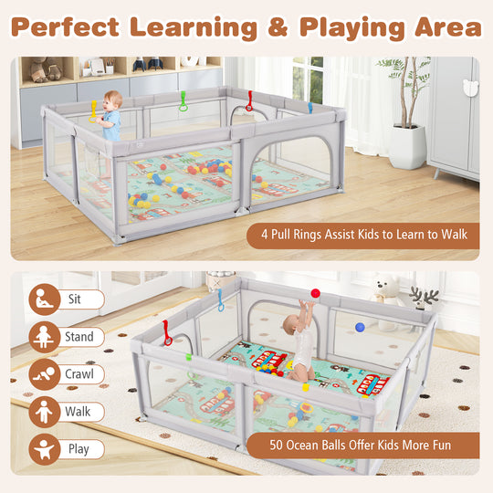 Baby Playpen with Mat and Breathable Mesh-Gray