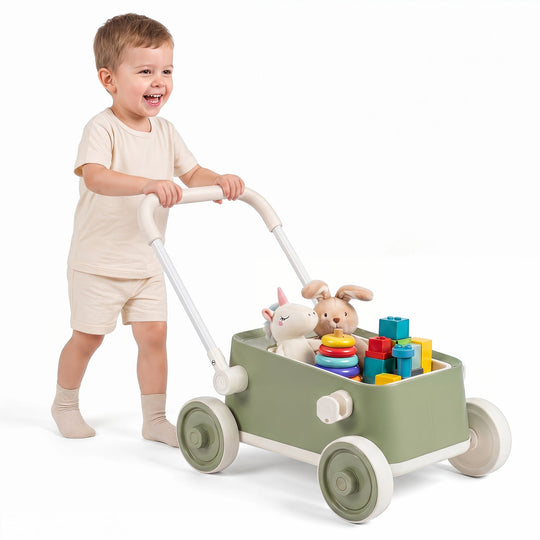 Push Walker with Storage Basket and Foldable Handle