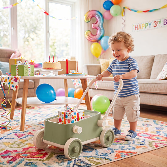 Push Walker with Storage Basket and Foldable Handle