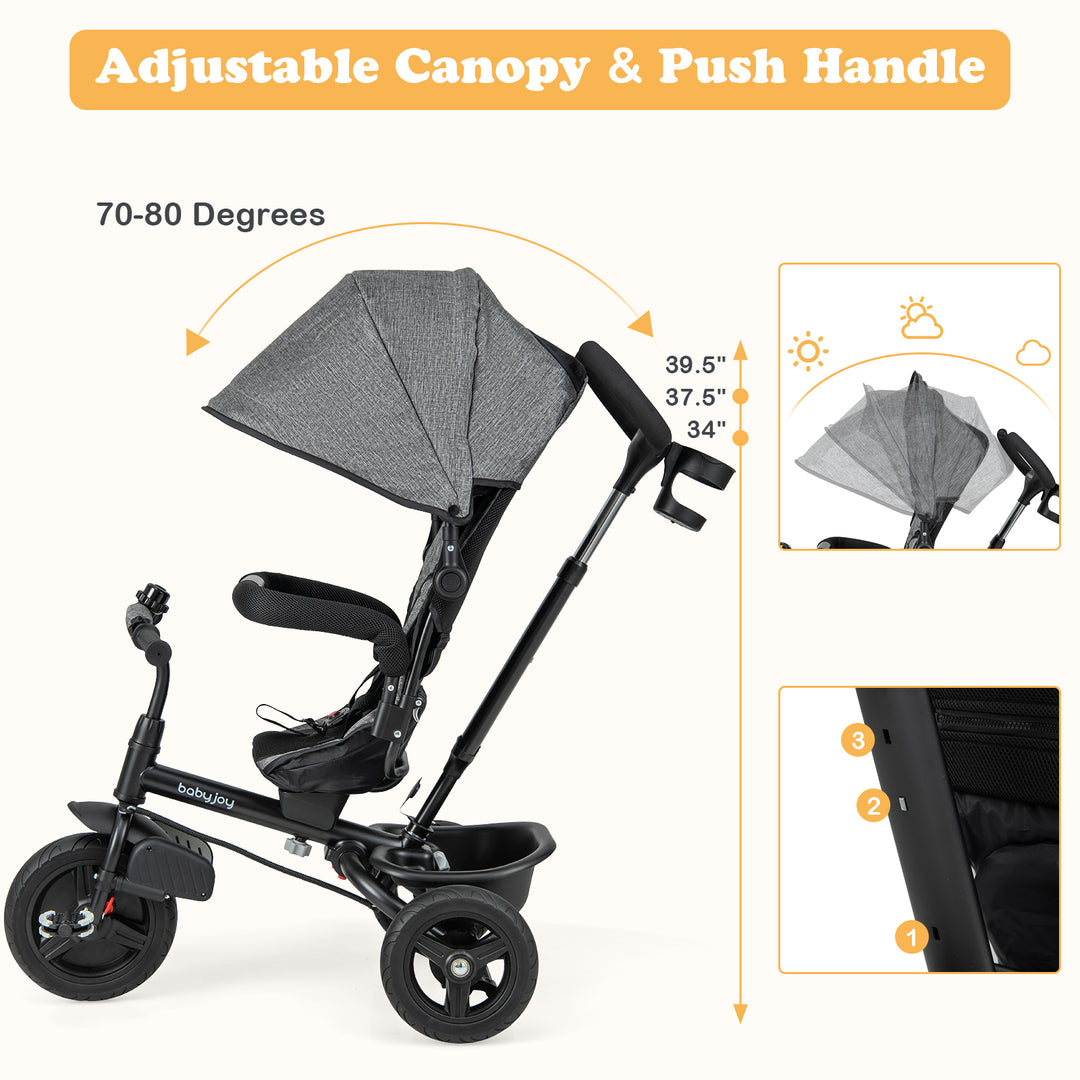 4-in-1 Baby Tricycle Toddler Trike with Reversible Seat and 5-Point Safety Harness-Gray