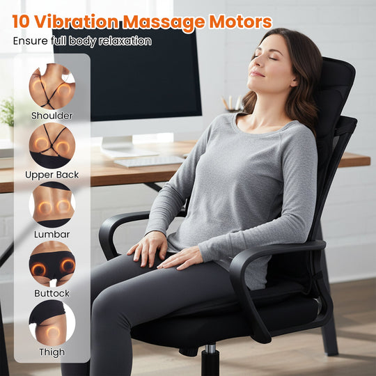 Back Massager Seat Cushion with Heat and 10 Vibration Motors for Pain Relief-Black