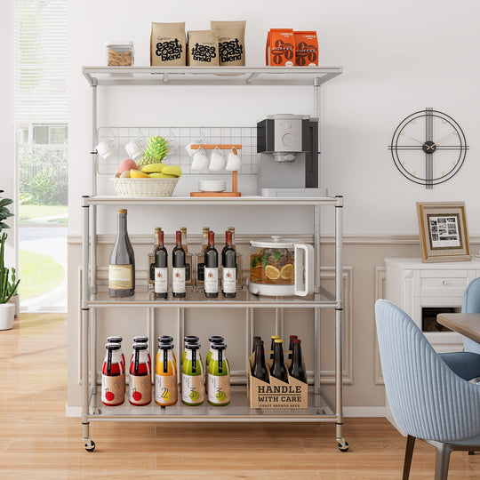 4-Tier Bakers Rack on Wheels with Adjustable Shelves-Silver