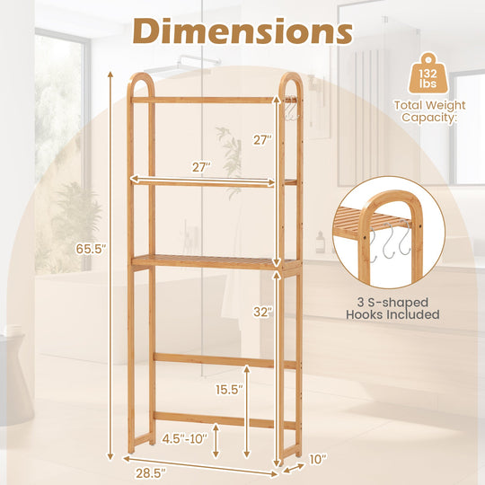 3-Tier Bamboo Bathroom Floor Organizer with 5-Position Shelves and 3 Hooks-Natural