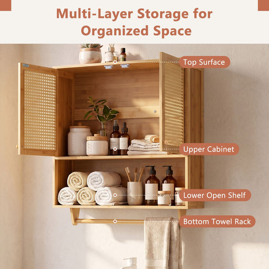Bamboo Bathroom Wall Cabinet with Towel Rack and Ventilated Doors-Natrual