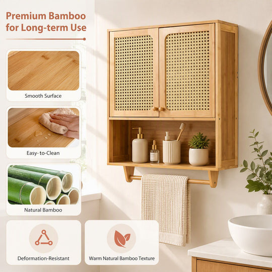 Bamboo Bathroom Wall Cabinet with Towel Rack and Ventilated Doors-Natrual