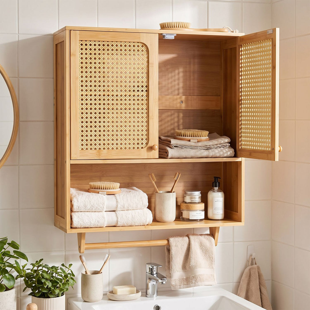 Bamboo Bathroom Wall Cabinet with Towel Rack and Ventilated Doors-Natrual