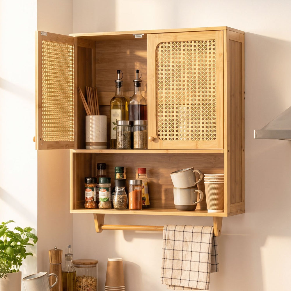 Bamboo Bathroom Wall Cabinet with Towel Rack and Ventilated Doors-Natrual