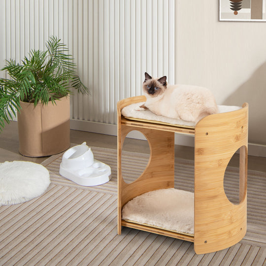 2-Tier Bamboo Cat Tree with Plush Mats for Indoor Cats