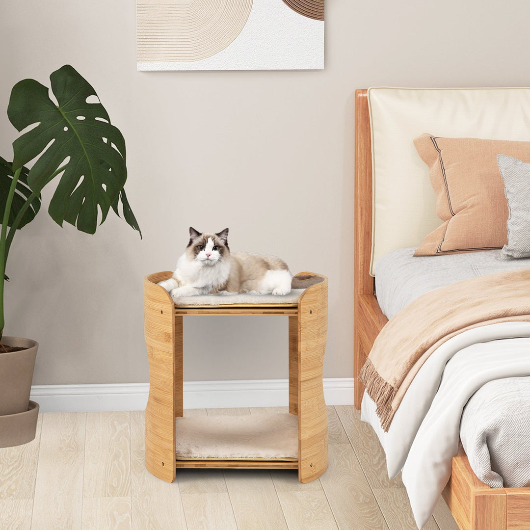 2-Tier Bamboo Cat Tree with Plush Mats for Indoor Cats
