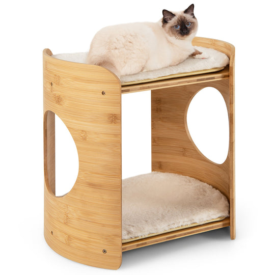 2-Tier Bamboo Cat Tree with Plush Mats for Indoor Cats