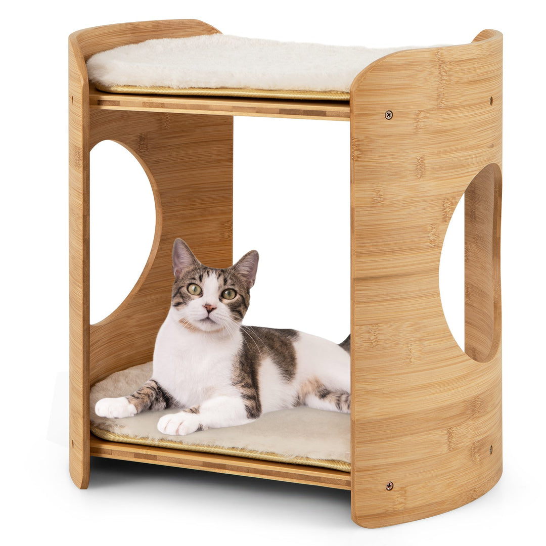 2-Tier Bamboo Cat Tree with Plush Mats for Indoor Cats
